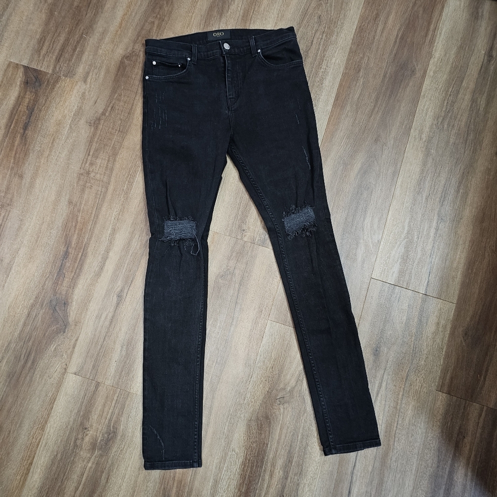 ORO Black Skinny Jeans with Distressed Knees